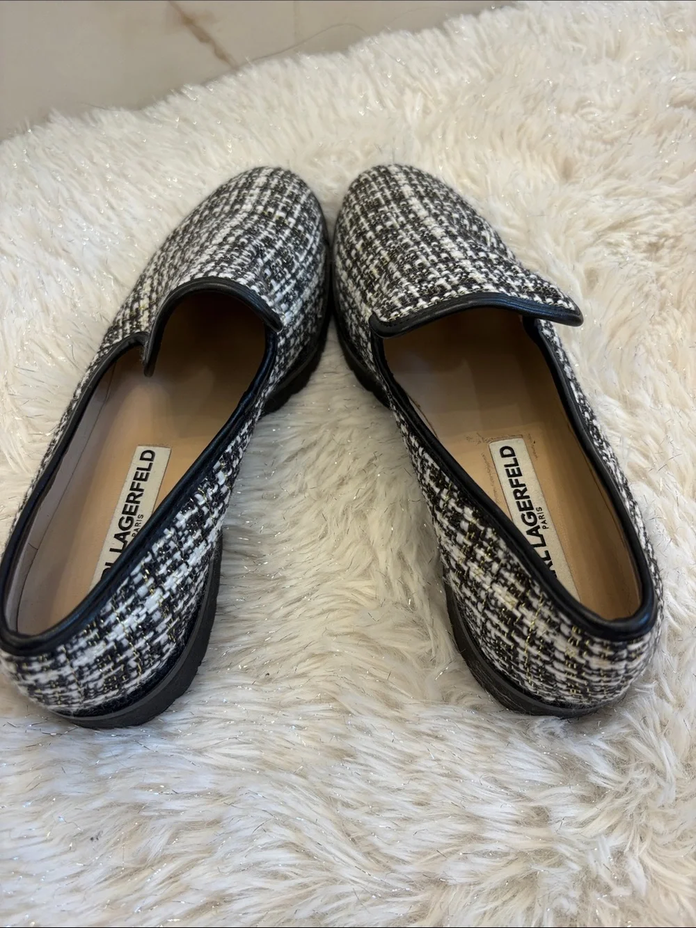 Karl Lagerfeld Black & White Tweed Slip-On Loafers with Black Trim